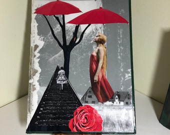 Lady and Red Umbrella paper collage,
