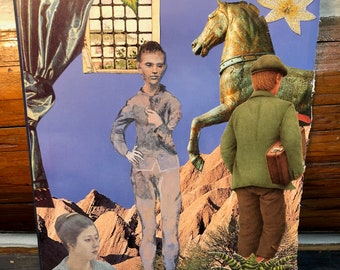 Original paper collage with horse and travelers