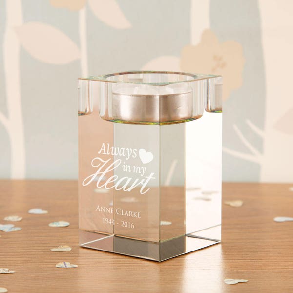 Always in my Heart Memorial Tealight Holder - Memorial Candle Holder, Personalised Candle Holder, Glass Tealight Holder