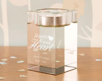 Always in my Heart Memorial Tealight Holder - Memorial Candle Holder, Personalised Candle Holder, Glass Tealight Holder