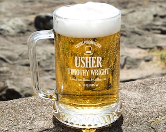 Usher Engraved Glass Pint Tankard | Personalised | Wedding Party Gifts | Custom Usher Gifts | Beer Glass | From Bride and Groom | Bespoke