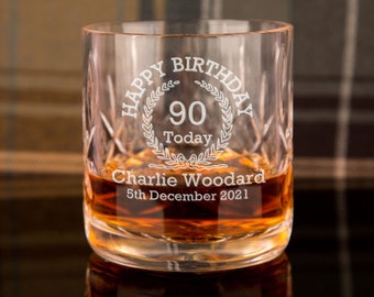 Verre de whisky cristal du 90e anniversaire pour lui ou | Présentation encadrée | Nom et date gravés | Tumbler personnalisé pour maman papa Pops Nana