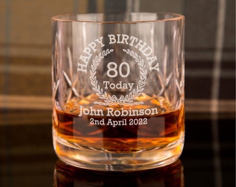 80th Birthday Personalised Engraved Crystal Whisky Glass | Presentation Gift Boxed Keepsake | Quality Heavy Tumbler with Name, Age and Date