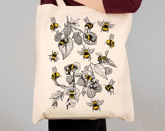 Illustrated Bumble Bee Shoulder Bag, Bees and Bramble Print Design. Cotton Tote Bag gift for her. Friend Daughter Mum Sister Gift Ideas