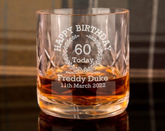 Vaso de whisky de cristal grabado personalizado de 60 cumpleaños para él o ella con caja de presentación / Papá abuelo recuerdo idea de regalo Fecha de nombre