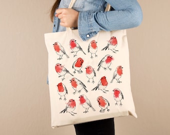 Illustrated Robin Shoulder Bag, Hand Drawn Bird Print Design. Cotton Tote Bag gift for her. Friend Daughter Mum Sister Christmas Gift Ideas