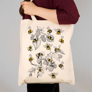 Illustrated Bumble Bee Shoulder Bag, Bees and Bramble Print Design. Cotton Tote Bag gift for her. Friend Daughter Mum Sister Gift Ideas Coloured Bees