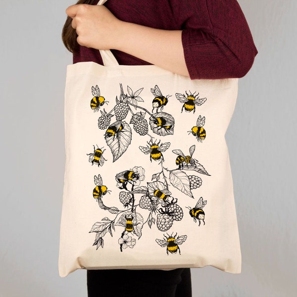 Illustrated Bumble Bee Shoulder Bag, Bees and Bramble Print Design. Cotton Tote Bag gift for her. Friend Daughter Mum Sister Gift Ideas