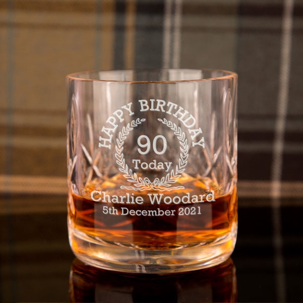 90th Birthday Crystal Whisky Glass for Him or Her | Presentation Boxed | Engraved Name and Date | Personalised Tumbler for Mum Dad Pops Nana