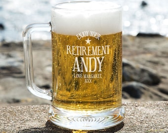 Personalised Enjoy Your Retirement Glass Beer Pint Tankard. Unique Customized Retirement Glass For Grampa, Granda, Papa, Pops, Dad, Husband