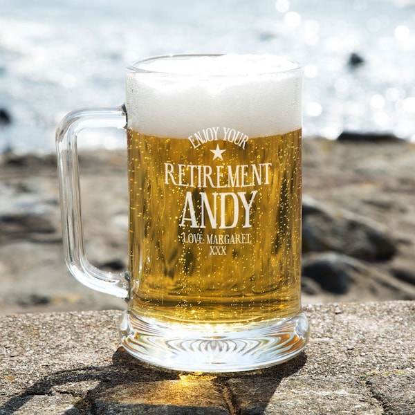 Personalised Enjoy Your Retirement Glass Beer Pint Tankard. Unique Customized Retirement Glass For Grampa, Granda, Papa, Pops, Dad, Husband