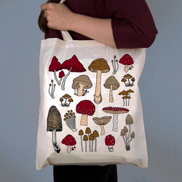 Hand Drawn Mushroom Cotton Tote Bag by Forever Bespoke | Daily use Shopping Grocery Bag for Her | Mother's Day | Birthday | Christmas Gift