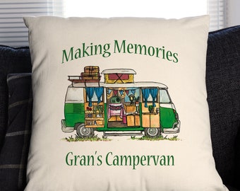 Customised Campervan Travel Cushion Gift Idea for Staycation Holiday. Large cotton Cushion with hand illustrated vintage print. Him, Her