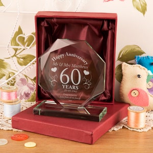 Personalised 60th Wedding Anniversary Cut Glass Gift for Mum, Dad, Relative or Friend | Engraved celebration award presented in a gift box