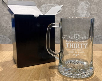 30th Birthday Gift for Him Pint Glass Tankard | Personalised Custom Engraved 30 Years Old Beer Stein | Boxed | Name and Message | Dad, Son