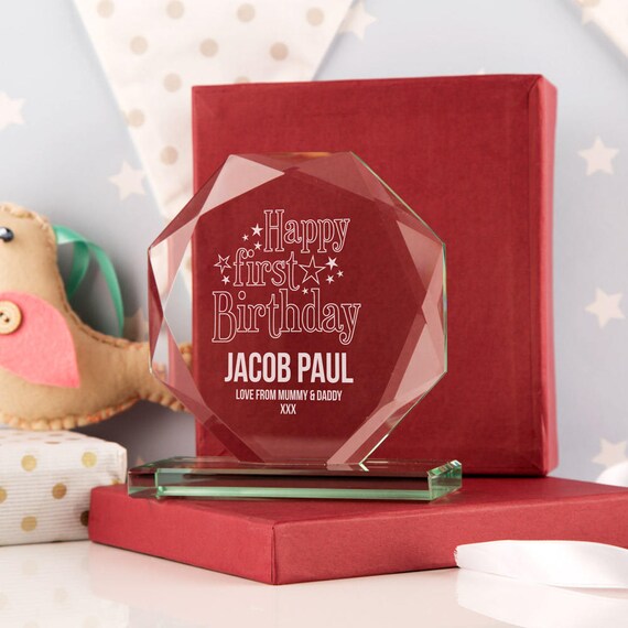 Personalised Boys First Birthday Glass Skye Facet First Birthday