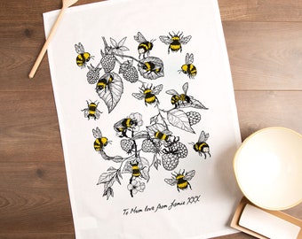 Personalised Illustrated Bumble Bee Tea Towel, Bees and Bramble Print Design. Custom Cotton gift for her. Friend Daughter Mum Sister Ideas