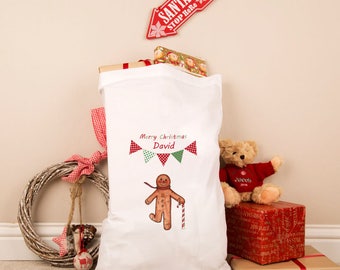 Personalised Gingerbread Man Pillowcase Sack - Gingerbread Man Christmas Gifts, Gingerbread Decorations, Personalised Christmas Sacks.