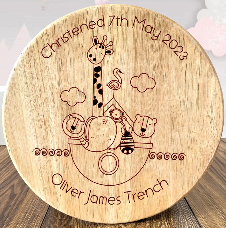 Childrens Personalised Wooden Stool With Noahs Ark Design Personalised Kids Stool, Kids Gift, Bespoke Toddler Keepsake, Christening Gift image 2