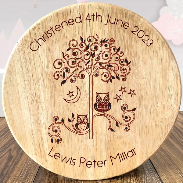 Laser Engraved Child Stool with Name | Owl Design Personalised Wooden Christening Stool | Childs Name | Any Occasion | Date of Occasion | UK