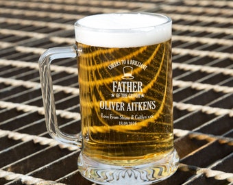 Father of the Groom Engraved Glass Beer Tankard. Personalised Pint Glass Keepsake Gift Idea. Wedding Party Present from Bride and Groom. UK