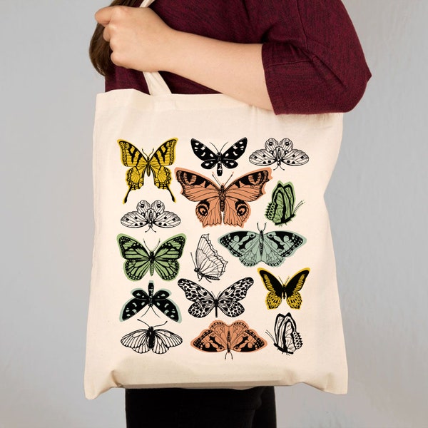 Illustrated Watercolour Butterfly Design Cotton Tote Bag. 100% Natural Cotton Shoulder Bag for Girls with choice of colour finishes.