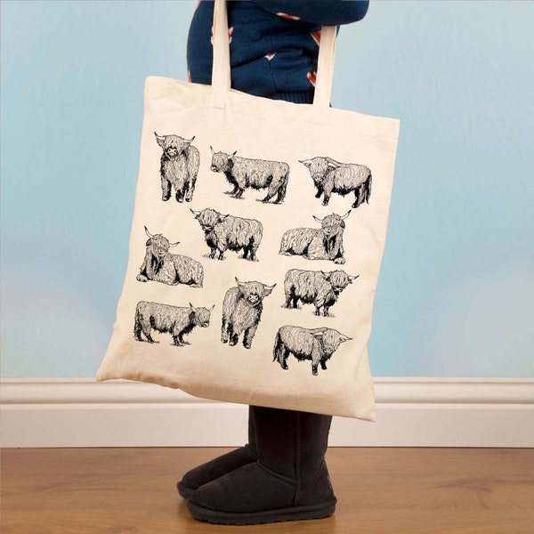 Highland Cow Cotton Tote Bag | Hand Drawn Design by Forever Bespoke | Natural Fairtrade Cotton | Individually UK Printed soft touch finish