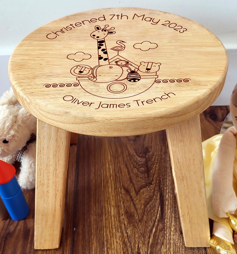 Childrens Personalised Wooden Stool With Noahs Ark Design Personalised Kids Stool, Kids Gift, Bespoke Toddler Keepsake, Christening Gift image 6