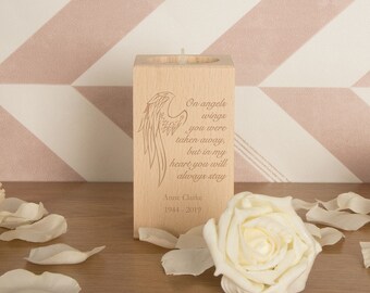 Angel Wings Wooden T-Light Personalised Memorial Gift. Laser Engraved Rememberance Tealight Holder. Loss of Loved One Gift Present Idea.