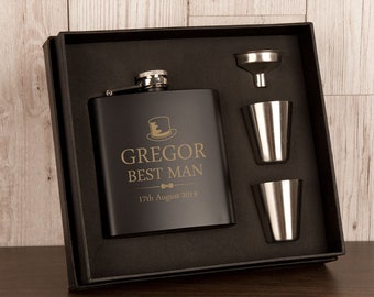 Personalised Best Man Hip Flask Gift Set. Wedding Keepsake For Him. Novelty Wedding Present.