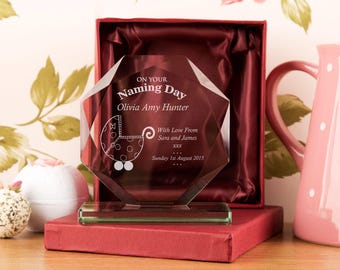 Personalised Naming Day Glass Skye Facet - Naming Day Keepsake, Naming Ceremony Gift, Glass Award, Glass Keepsake, Engraved Faceted Glass.