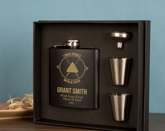 Black Personalised Engraved Snooker Hipflask Gift Set. Sports Enthusiast Present. Novelty Anniversary Gift.