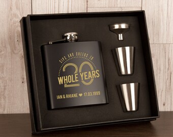 Personalised 20th Wedding Anniversary Engraved Hipflask. Wedding Anniversary Gifts For Him and Her. Novelty Hipflask