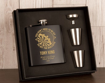 Personalised Engraved Darts Design Black Hipflask Gift Set | Darts player gift | Sports Gifts For Him and Her.