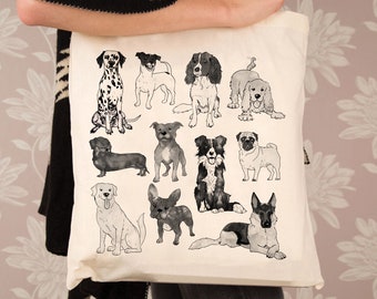 Illustrated Dogs Cotton Tote Bag | 100% Natural Cotton Shoulder bag for daily use | Original Hand Drawn Illustration by Forever Bespoke