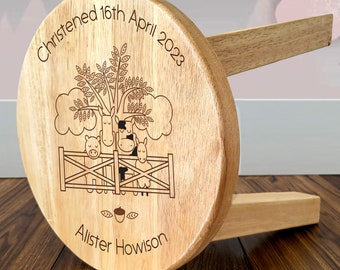Personalised Laser Engraved Kids Wooden Bedroom Stool | Farm Yard theme customised with Childs Name, Any Occasion and Date of Occasion | UK