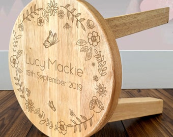 Decorative Floral Garden Child Name Stool for a Little Girl  | Personalised Girls Floral 1st Birthday Gift | Daughter | Granddaughter | UK.