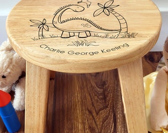 Laser Engraved Wooden Dinosaur Nursery Stool for Boy or Girl. Personalised Kids Bedroom Gift Idea. Baby Shower, 1st Birthday, Christening