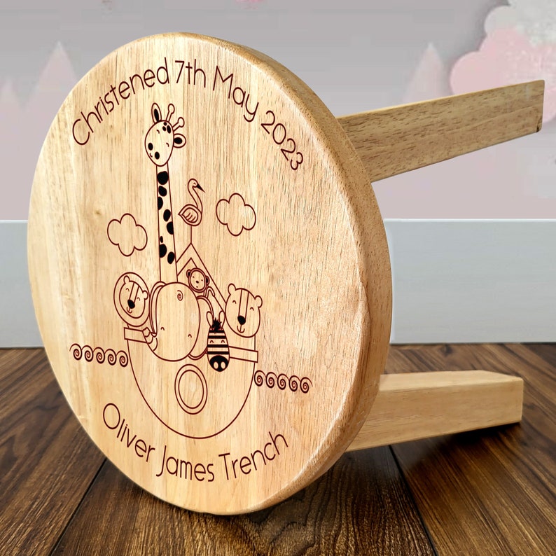 Childrens Personalised Wooden Stool With Noahs Ark Design Personalised Kids Stool, Kids Gift, Bespoke Toddler Keepsake, Christening Gift image 1