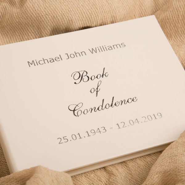 Personalised In Memory Of Book of Condolence. Silver Foil Printed Celebration of Life Gift. With Sympathy Funeral Guest Book Keepsake Idea.