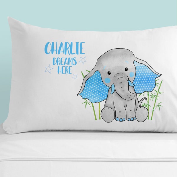 Personalised Baby Boy Elephant Pillowcase. 100% Egyptian Cotton Bed Linen with soft touch illustrated printed design. Toddler Nursery Décor.