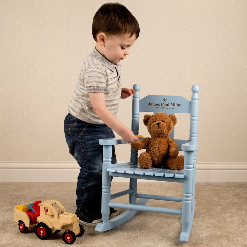 Personalised Engraved Blue Wooden Rocking Chair Baby Boy Etsy