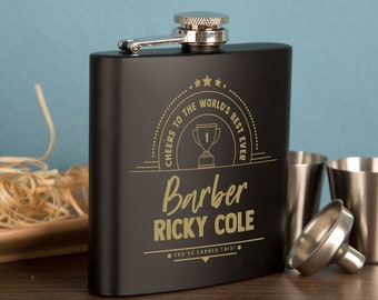 Customised Barber Engraved Black Hip Flask Gift Set. Great Gift Idea for Work Colleague. Personalised presentation present. Gift Boxed. UK
