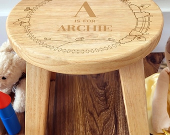 Personalised Engraved Boy Alphabet Wooden Stool | Train Design| Gift for Son | Nephew | Little Brother | Big Brother | 1st Birthday | Godson