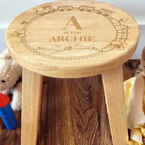 Personalised Engraved Boy Alphabet Wooden Stool | Train Design| Gift for Son | Nephew | Little Brother | Big Brother | 1st Birthday | Godson