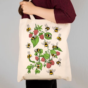 Illustrated Bumble Bee Shoulder Bag, Bees and Bramble Print Design. Cotton Tote Bag gift for her. Friend Daughter Mum Sister Gift Ideas Full Colour