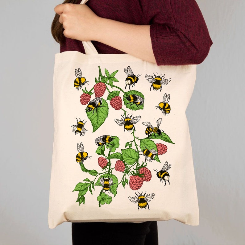 Illustrated Bumble Bee Shoulder Bag, Bees and Bramble Print Design. Cotton Tote Bag gift for her. Friend Daughter Mum Sister Gift Ideas Full Colour