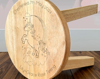 Personalised Wooden Stool for a Little Girl | Laser Engraved Unicorn Design | Customized | Any Occasion including 1st Birthday, Christening