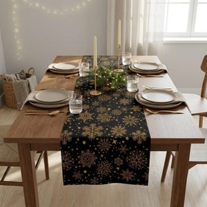 Christmas Table cloth Runner Fabric Christmas Rectangular Water Dirt resistant Winter Snowflakes on Black Table runners