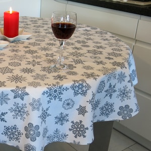 Tablecloth  Christmas Round Restrangular Fabric Gray Christmas Waterproof Cotton with Teflon Coated with Snowflakes